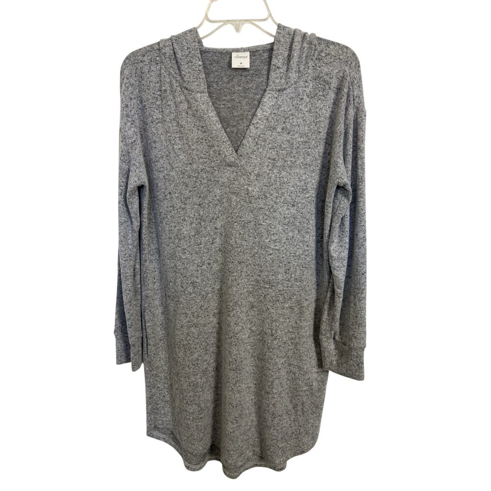 Soma Gray Hooded Long Sleeve Sleepshirt Nightgown Pockets M Cozy Soft PJs Sleep